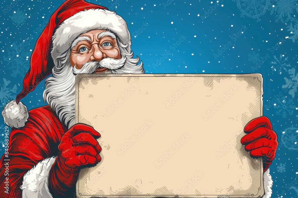 Santa Claus in his iconic red suit holding a blank parchment sign ...