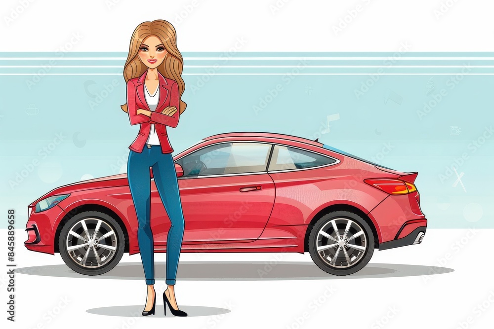A charmingly stylized drawing of a fashionable woman posing confidently with a sleek red coupe behind her A charmingly stylized drawing of a fashionable woman posing confidently with a sleek red coupe behind her