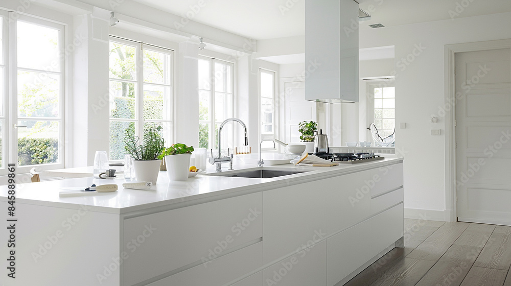 Fototapeta premium contemporary white kitchen, house interior design, rendition, model - Generative AI