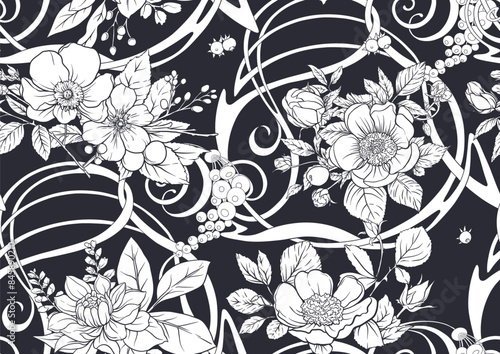 Boutonniere of wild rose flowers and berries Seamless pattern, background. Black and white graphics. Vector illustration. In botanical style