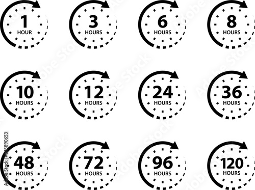 Hours time arrow. Time line icon. Delivery and service time icon. Deadline concept. Work time symbol isolated on white background.
