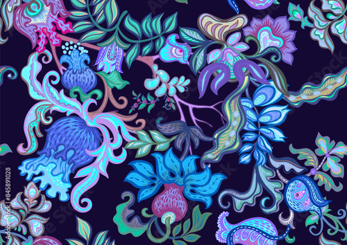 Fantasy, alien flowers, decorative flowers and leaves. Cartoon style. Millefleurs trendy floral design. Seamless pattern, background. Vector illustration.
