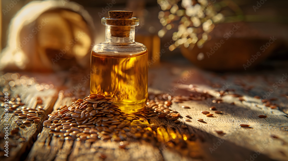 A bottle of flax seed oil with linseeds on a rustic wooden background A bottle of flax seed oil with linseeds on a rustic wooden background