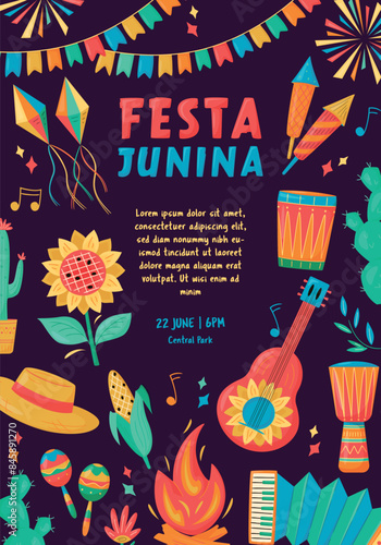 Festa Junina celebration Banner, Poster. Brazil June Festival Design. Folklore Holiday. Guitar, Accordion, Cactus, Sunflower, Campfire on dark background. Festa de Sao Joao Vector illustration