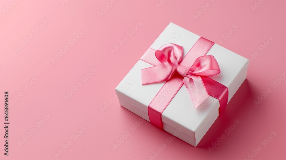White Gift Box with Satin Ribbon on a pink Background White Gift Box with Satin Ribbon on a pink Background