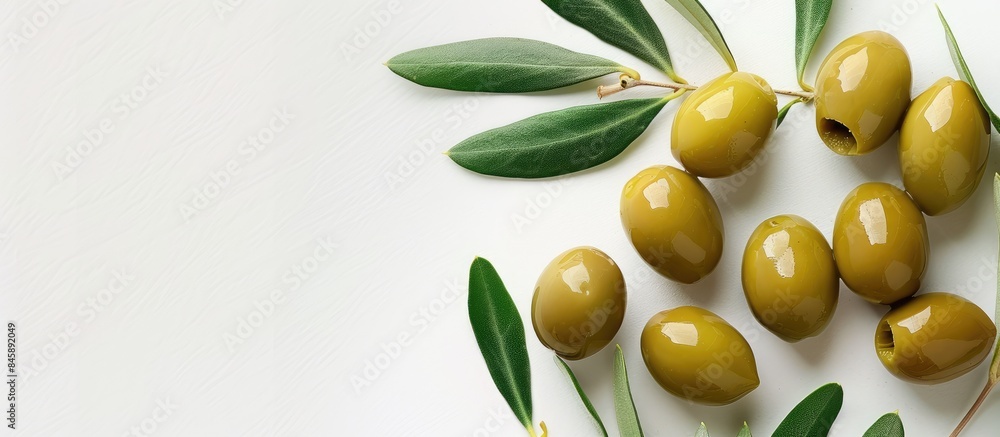 Tasty green olives with leaves showcased on a white backdrop Tasty green olives with leaves showcased on a white backdrop