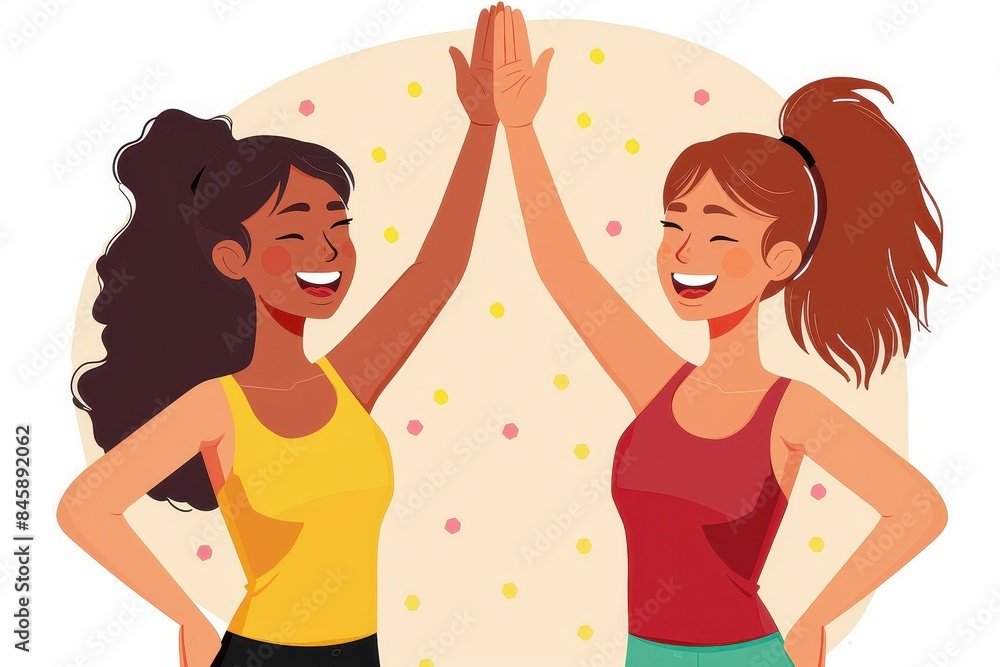 Illustration of confident women engaging in a high-five gesture against a background with circular confetti elements Illustration of confident women engaging in a high-five gesture against a background with circular confetti elements