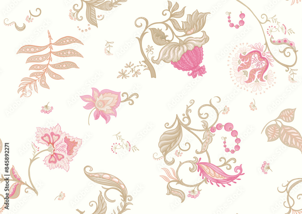 Fantasy flowers in retro, vintage, jacobean embroidery style. Seamless pattern, background. Vector illustration.