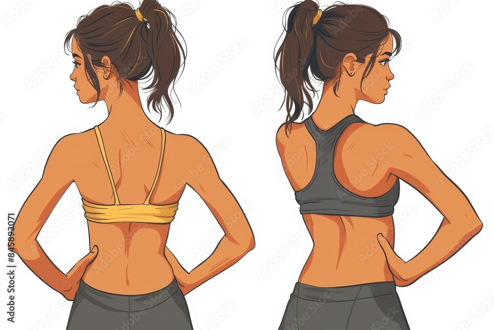 Stylish illustration of a woman viewed from behind, wearing a black and yellow sports bra Stylish illustration of a woman viewed from behind, wearing a black and yellow sports bra
