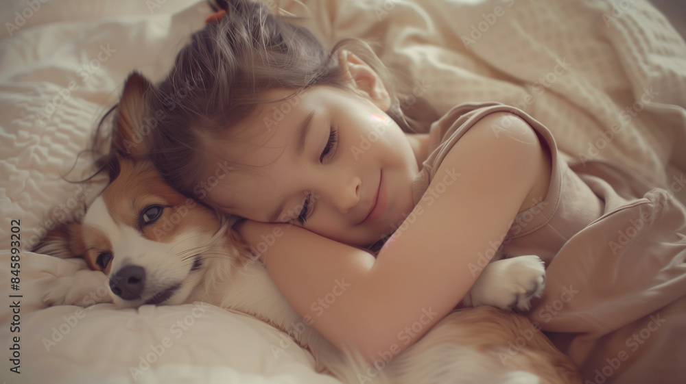 Young American brunette girl sleeping on her best friend, a corgi dog. Young American brunette girl sleeping on her best friend, a corgi dog.