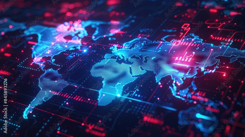Cybersecurity world map with highlighted regions and holographic overlay in neon blue and red. Cybersecurity map Cybersecurity world map with highlighted regions and holographic overlay in neon blue and red. Cybersecurity map
