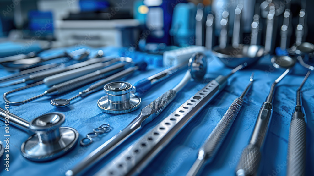 Fototapeta premium A close-up of medical equipment and tools, neatly arranged on a sterile surface