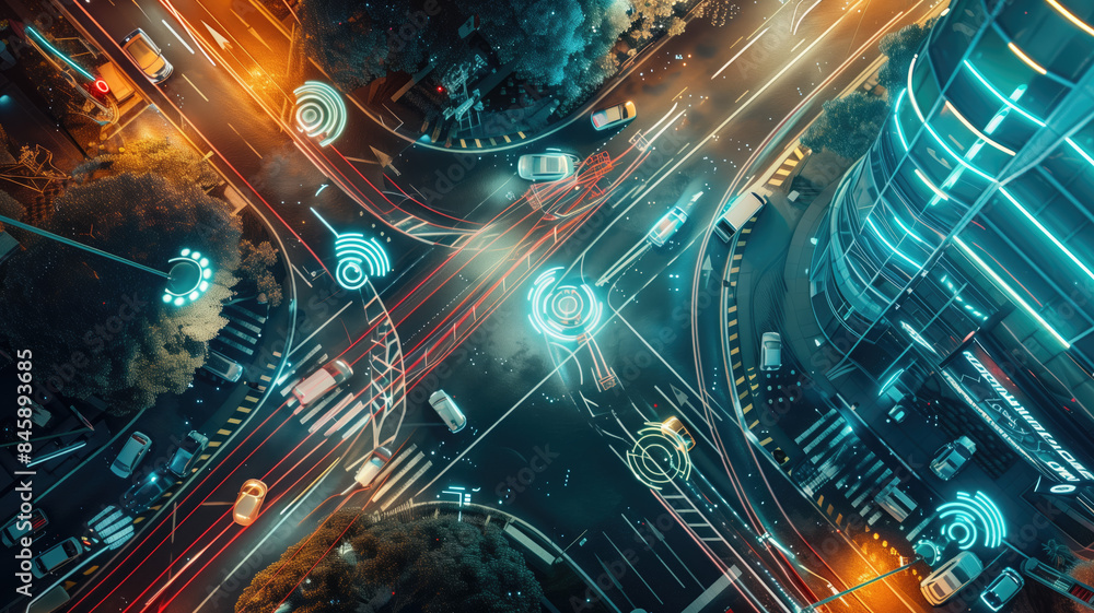 Overhead view of roads in a futuristic city with autonomous vehicles, overlay vehicle tracking system, advanced traffic management, intelligent transportation, and smart city concepts, generative ai Overhead view of roads in a futuristic city with autonomous vehicles, overlay vehicle tracking system, advanced traffic management, intelligent transportation, and smart city concepts, generative ai