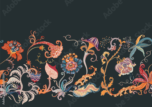 Fantasy, alien hypnotic flowers, decorative flowers and leaves. Cartoon style. Millefleurs trendy floral design. Seamless pattern, background. Outline hand drawing vector illustration.