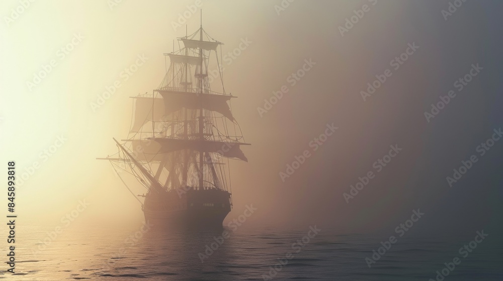 Sailing ship in sea water in heavy fog at sunset. Sailing ship in sea water in heavy fog at sunset.