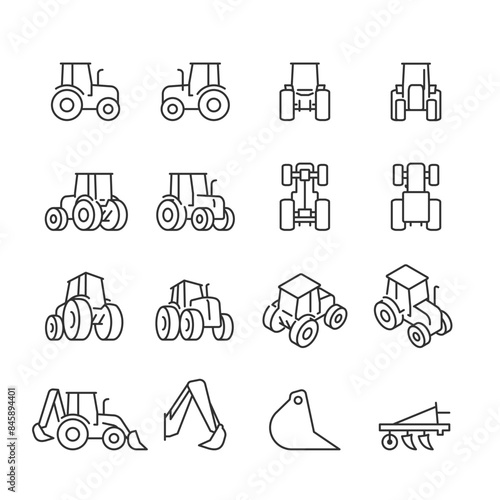 Tractor, icon set. Different Angles. Tractor from Various Angles Front, Rear, Side, Bottom, Top Views. Different Projections. Line with editable stroke