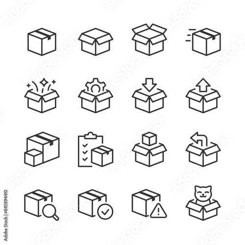 Box, icon set. Parcel linear icons. Open, Closed, Packages and more. Gears, Arrows, Checklists, Surprise Items, Magnifiers, Warnings, and Cat. Line with editable stroke