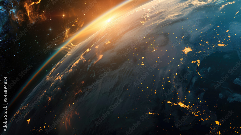 Panoramic view on planet Earth globe from space with rising sun. Glowing city lights, light clouds. Generative AI Panoramic view on planet Earth globe from space with rising sun. Glowing city lights, light clouds. Generative AI