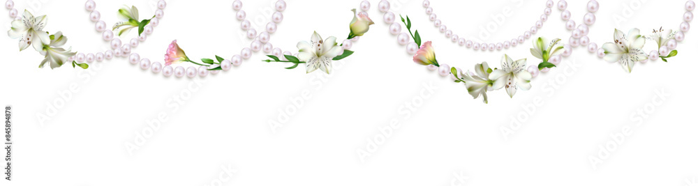 Fototapeta premium Pearl. White and pink flowers. Lilies. Roses. Garland of flowers and pearls. Beautiful floral background. Jewelry. Decorations.
