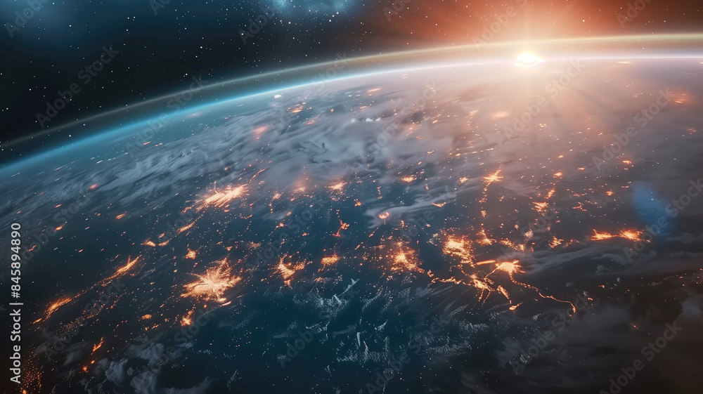 Panoramic view on planet Earth globe from space with rising sun. Glowing city lights, light clouds. Generative AI Panoramic view on planet Earth globe from space with rising sun. Glowing city lights, light clouds. Generative AI