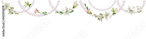 Pearl. White and pink flowers. Lilies. Roses. Garland of flowers and pearls. Beautiful floral background. Jewelry. Decorations.