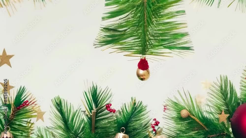 Festive Christmas frame featuring green pine branches and gold stars. Red and gold ornaments add a holiday touch. Bright, cheerful mood suitable for seasonal greetings. Festive Christmas frame featuring green pine branches and gold stars. Red and gold ornaments add a holiday touch. Bright, cheerful mood suitable for seasonal greetings.