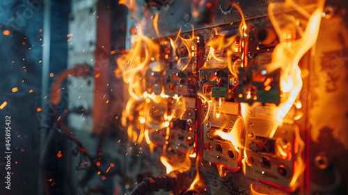 Fire, accident at an electrical panel with an electrical grid control system. AI Generated