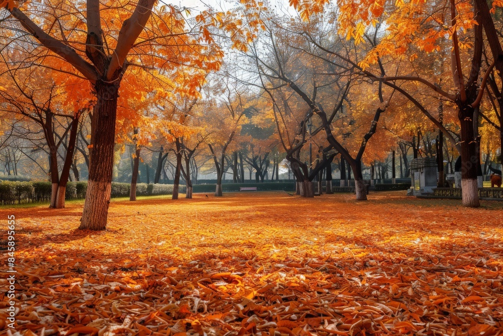 Fototapeta premium Autumn Park Pathway with Vibrant Leaves