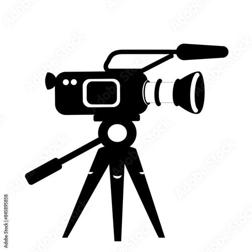 Illustration of a modern film camera on a camera tripod. Film camera, tripod, swivelling head, microphone, interchangeable lens, lens hood as black, simplified symbols. 