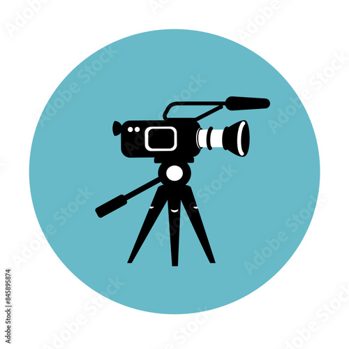 Illustration of a modern film camera on a camera tripod. Film camera, tripod, swivelling head, microphone, interchangeable lens, lens hood as black, simplified symbols. Turquoise circle.