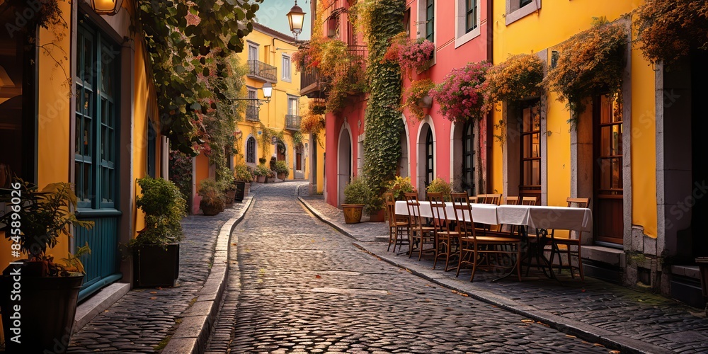 Obraz premium Cozy traditioanal european city small town walk path street with many tables and chairs restaurants background