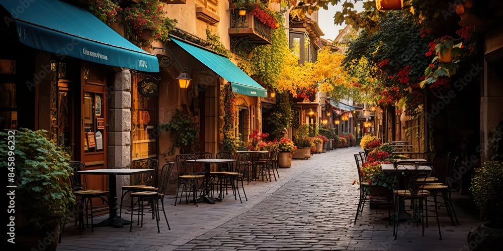 Fototapeta premium Cozy traditioanal european city small town walk path street with many tables and chairs restaurants background