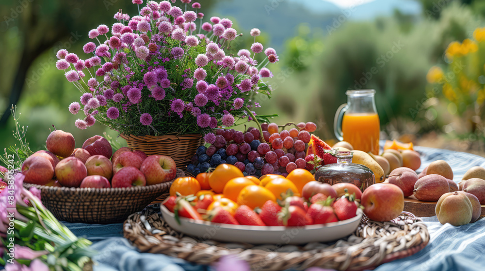A colorful springtime picnic with flowers, fresh fruits, and a cheerful atmosphere A colorful springtime picnic with flowers, fresh fruits, and a cheerful atmosphere