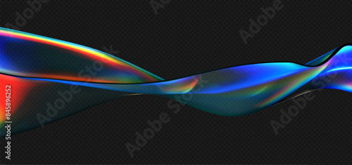 3d crystal glass liquid wave with refraction and holographic effect isolated on dark background. Render transparent glass ribbon, fluid splash with rainbow gradient flying in motion. 3d vector figure