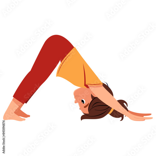 Kid girl doing yoga Downward Facing Dog, Adho Mukha Svanasana. Fitness concept. Flat illustration