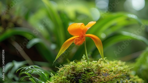 Exquisite rare flower Masdevallia ignea flourishing in its natural habitat photo