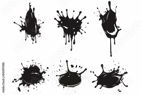 Blotter spots, liquid paint drip drop splash and ink splatter Ink drops and splashes, drip, splash, splat