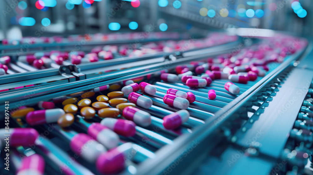 Pharmaceutical Industry's State-of-the-Art Factory with Pills on Conveyor, generative ai Pharmaceutical Industry's State-of-the-Art Factory with Pills on Conveyor, generative ai