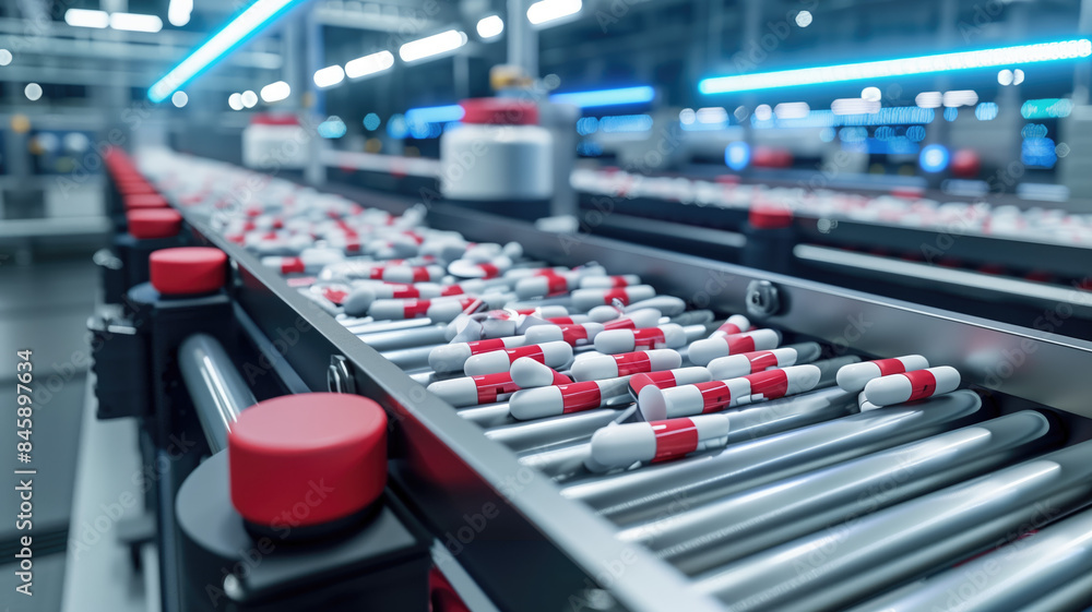 Fototapeta premium Pharmaceutical Industry's State-of-the-Art Factory with Pills on Conveyor, generative ai