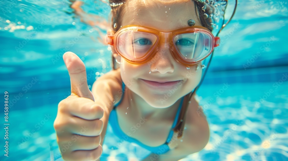 Naklejka premium Underwater portrait of happy girl with thumbs up gesture in swimming pool.
