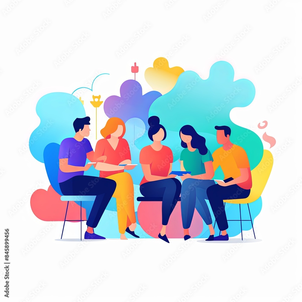flat vector style illustration, a diverse group of people talking and collaborating, on white background flat vector style illustration, a diverse group of people talking and collaborating, on white background