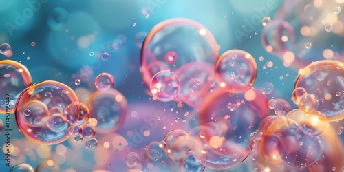 Simulated cleaning and washing with realistic colored bubbles created using AI. Concept Simulated Cleaning, Realistic Bubbles, AI Technology, Washing Simulation, Colored Bubbles