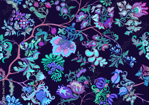 Fantasy, alien flowers, decorative flowers and leaves. Cartoon style. Millefleurs trendy floral design. Seamless pattern, background. Vector illustration.