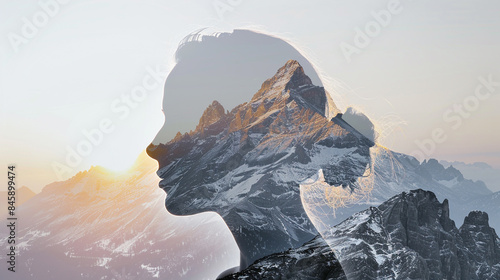 Double exposure artwork depicting a woman's graceful figure overlaid with the stark and majestic forms of high mountain peaks at sunrise.