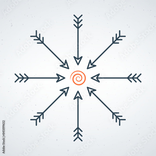 Radial inward arrows . A circular arrangement of arrows with swirl aim. Stock vector illustration isolated on white background.