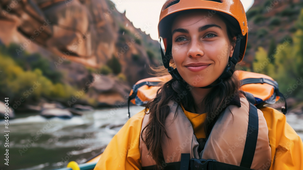 Female river rafting guide in the grand canyon wearing a helmet and smiling. Female river rafting guide in the grand canyon wearing a helmet and smiling.