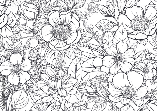 Boutonniere of wild rose flowers and berries Seamless pattern, background. Outline hand drawing vector illustration. In botanical style