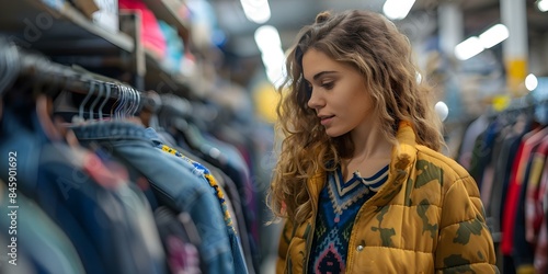 Shopping for Clothes Woman Browsing Jackets at Thrift Shop with Copy Space. Concept Fashion, Thrift Shopping, Clothing, Jackets, Copy Space