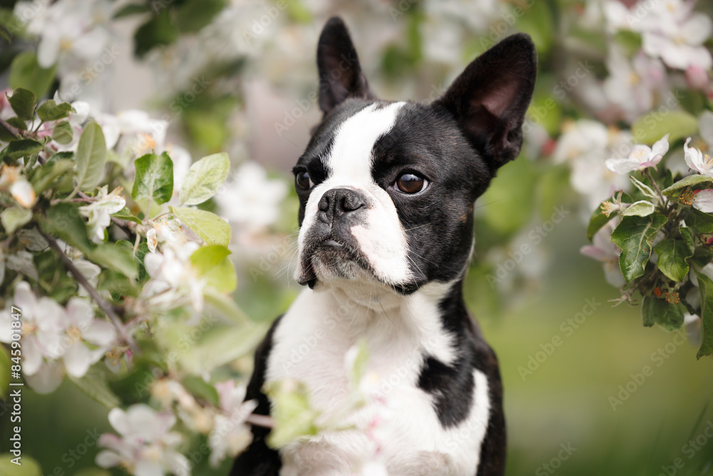 boston terrier dog portrait with blooming apple tree branches boston terrier dog portrait with blooming apple tree branches