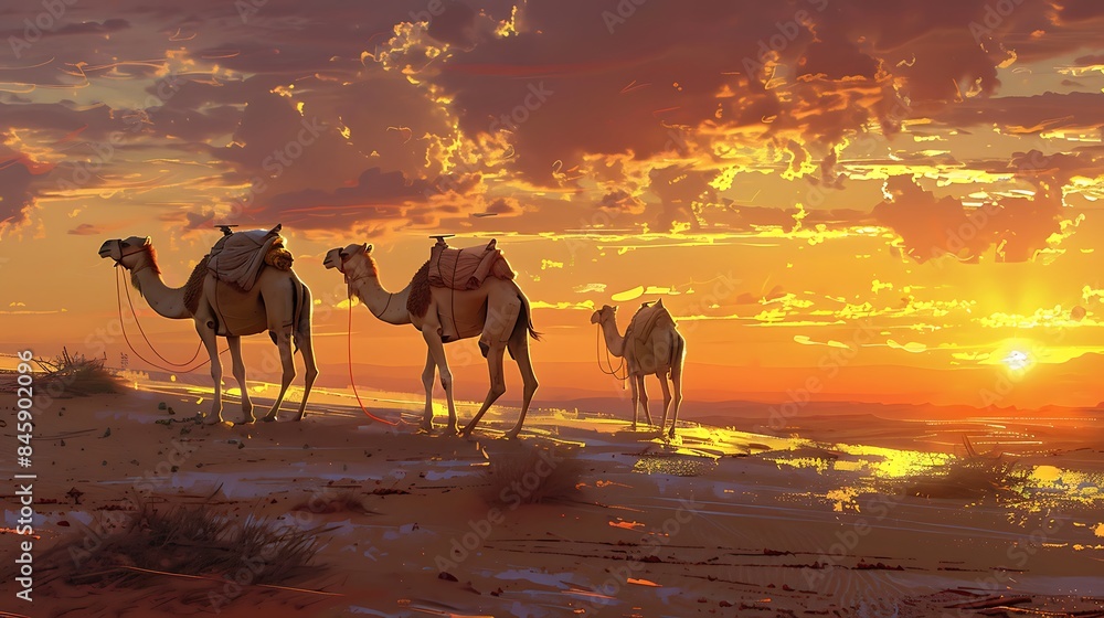 Camels of the desert waiting for the sunset Camels of the desert waiting for the sunset